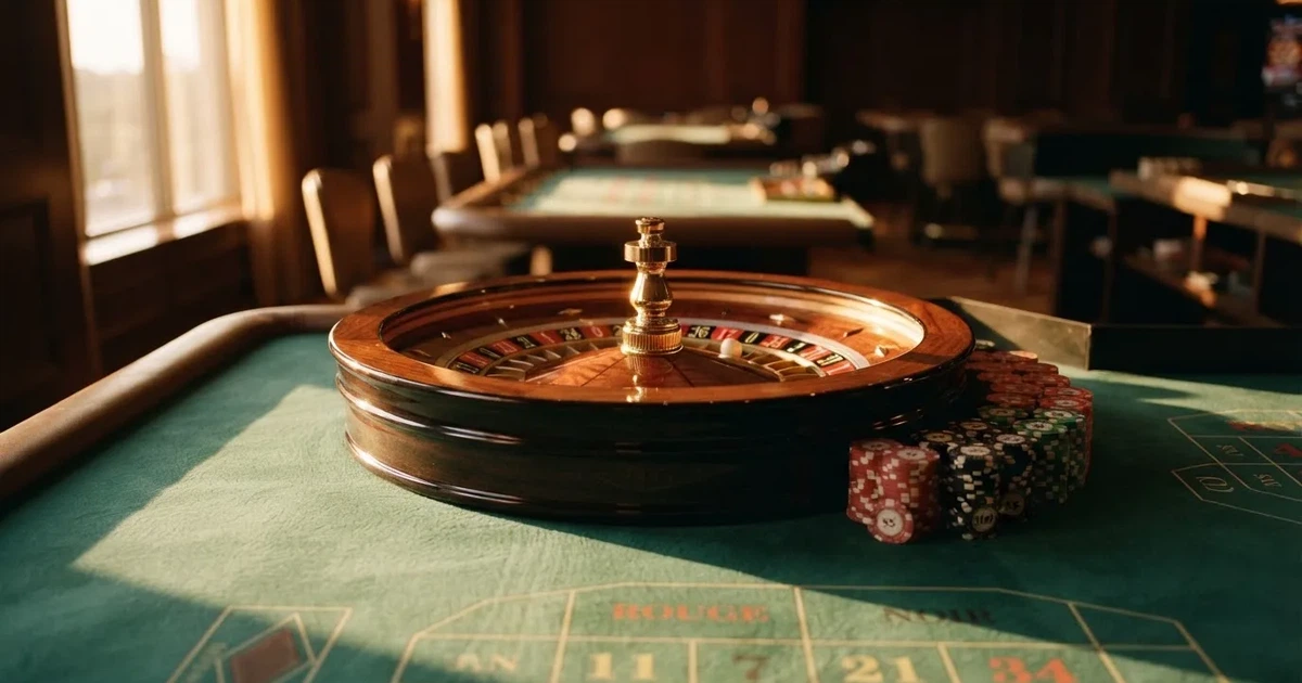 Roda de roleta e fichas sobre feltro verde, sob uma luz quente de fim de tarde — estoril casino em portugal
