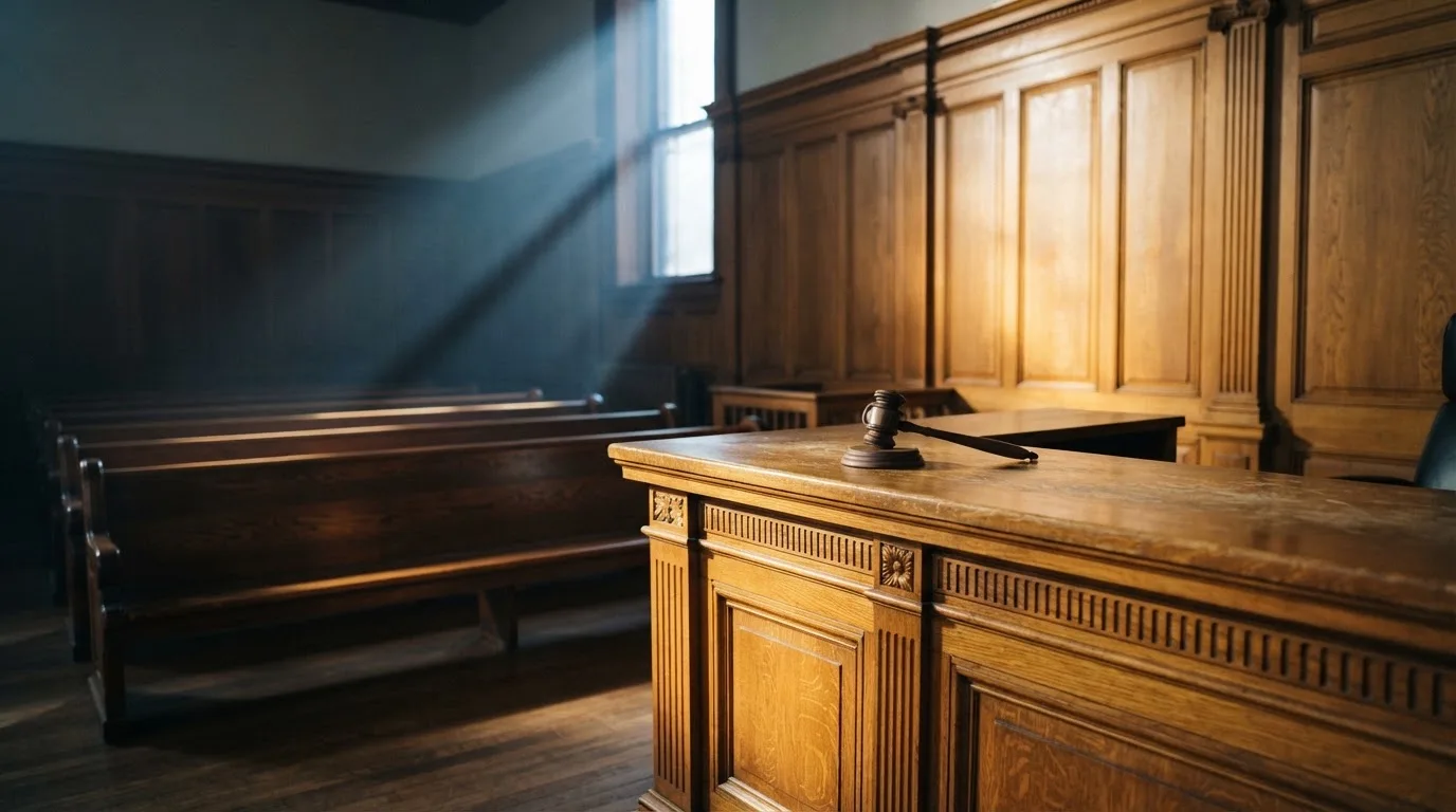 Sala de tribunal vazia com painéis de madeira, à luz da manhã — guias de casino para os portugueses
