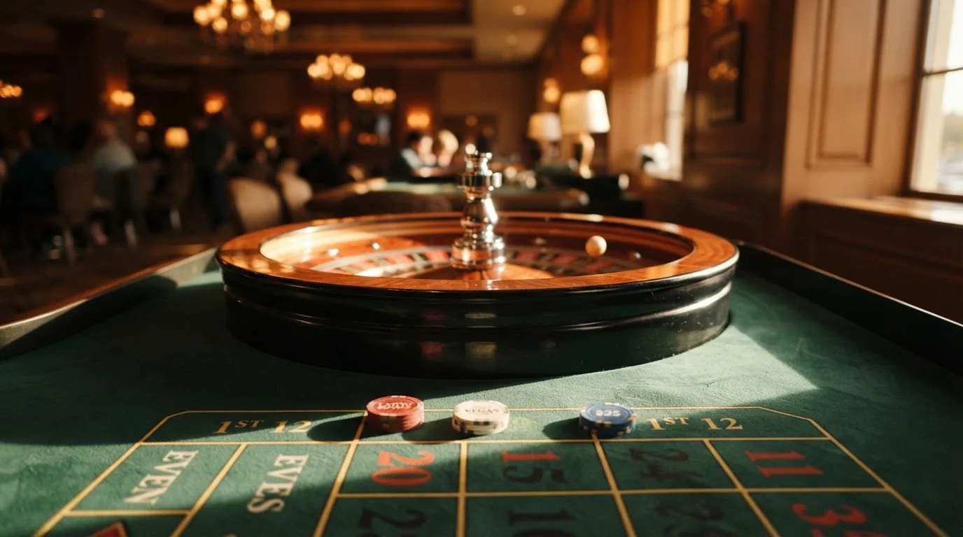 Roda de roleta e fichas sobre feltro verde, sob uma luz quente de fim de tarde — guias de casino para os portugueses