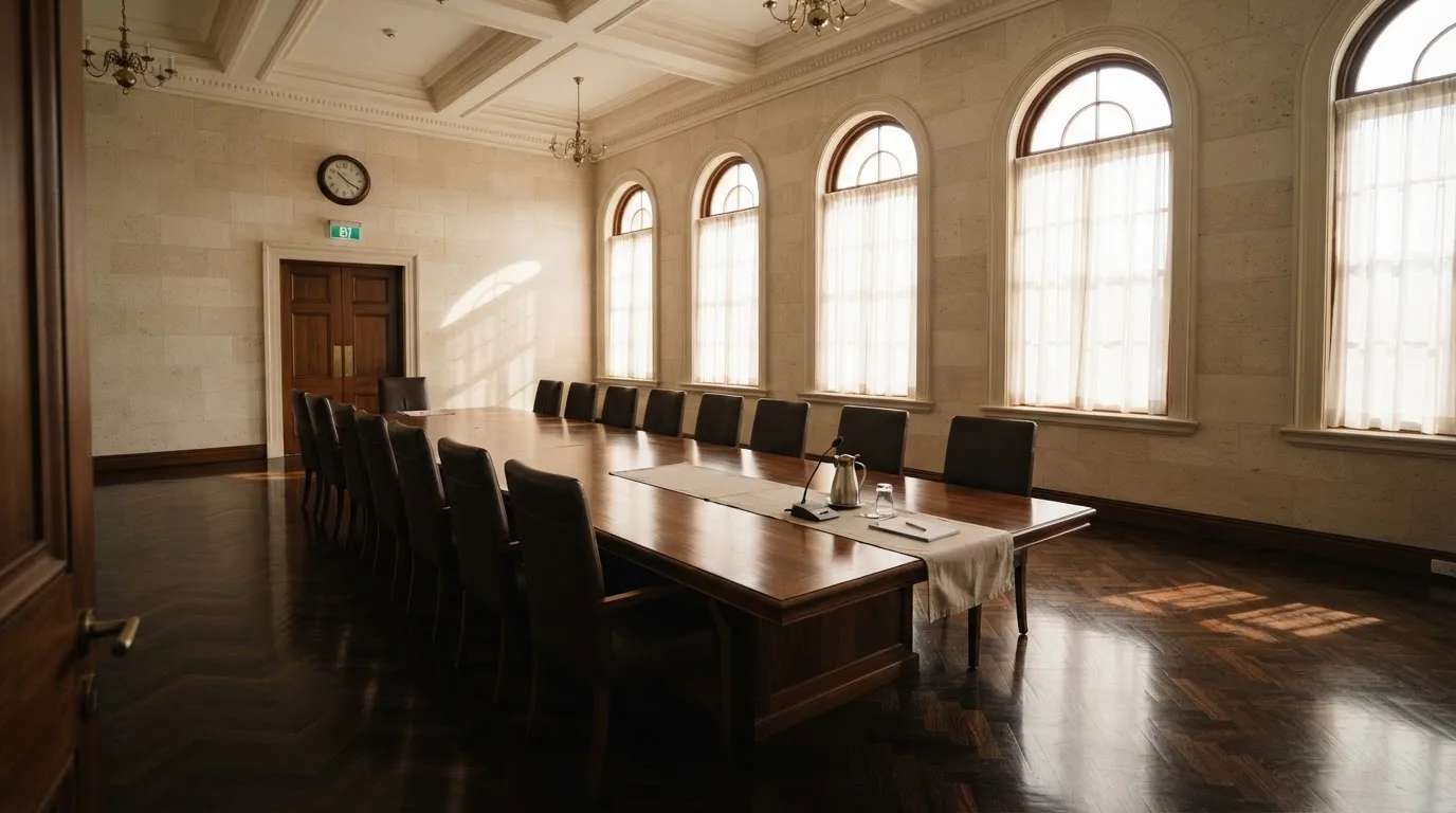Sala de reuniões de um organismo público com mesa comprida, cadeiras alinhadas e janelas altas, sem pessoas, luz de manhã.