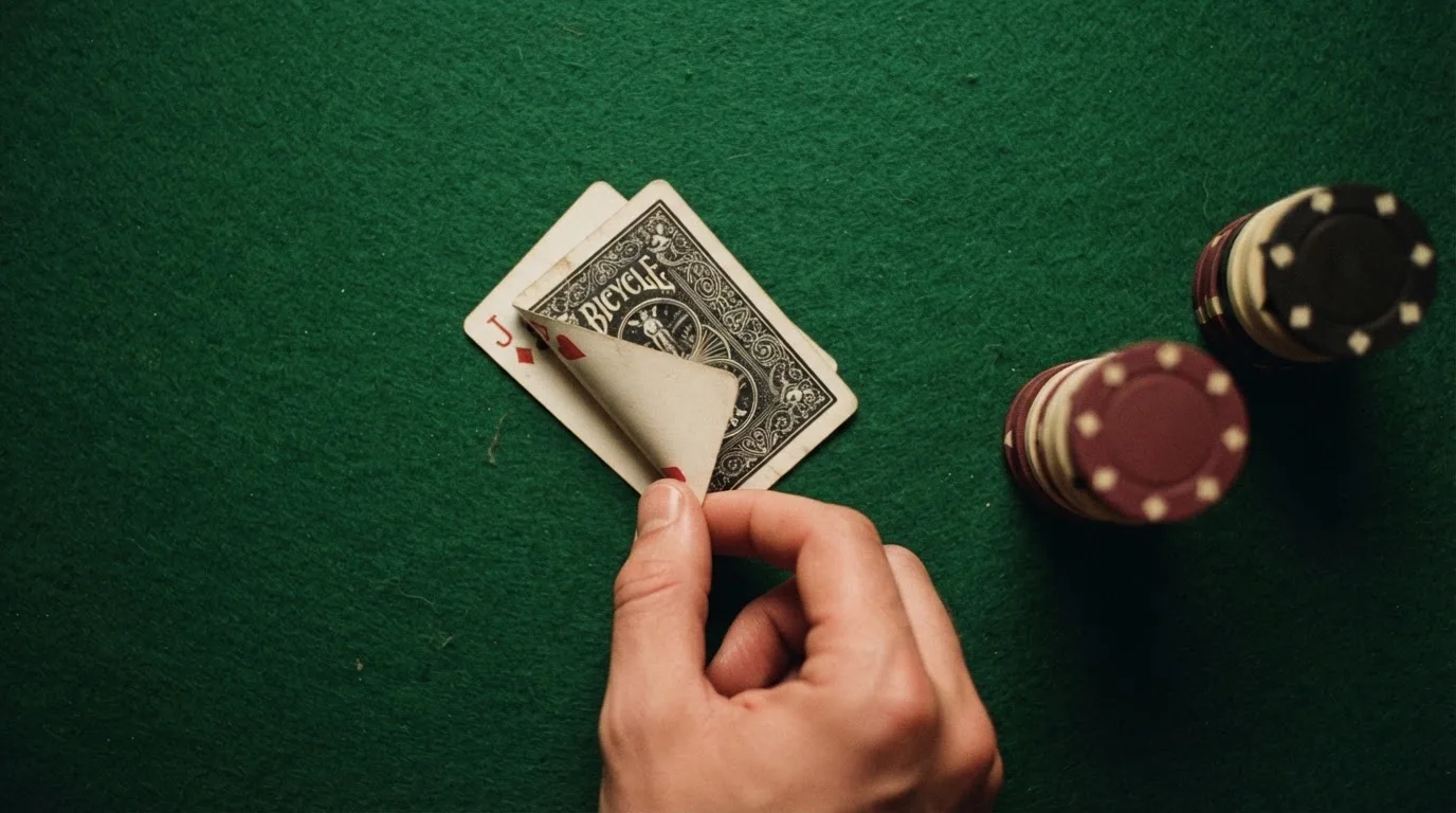 Mãos a espreitar duas cartas viradas para baixo numa mesa de feltro verde, com pilhas de fichas desfocadas ao lado.