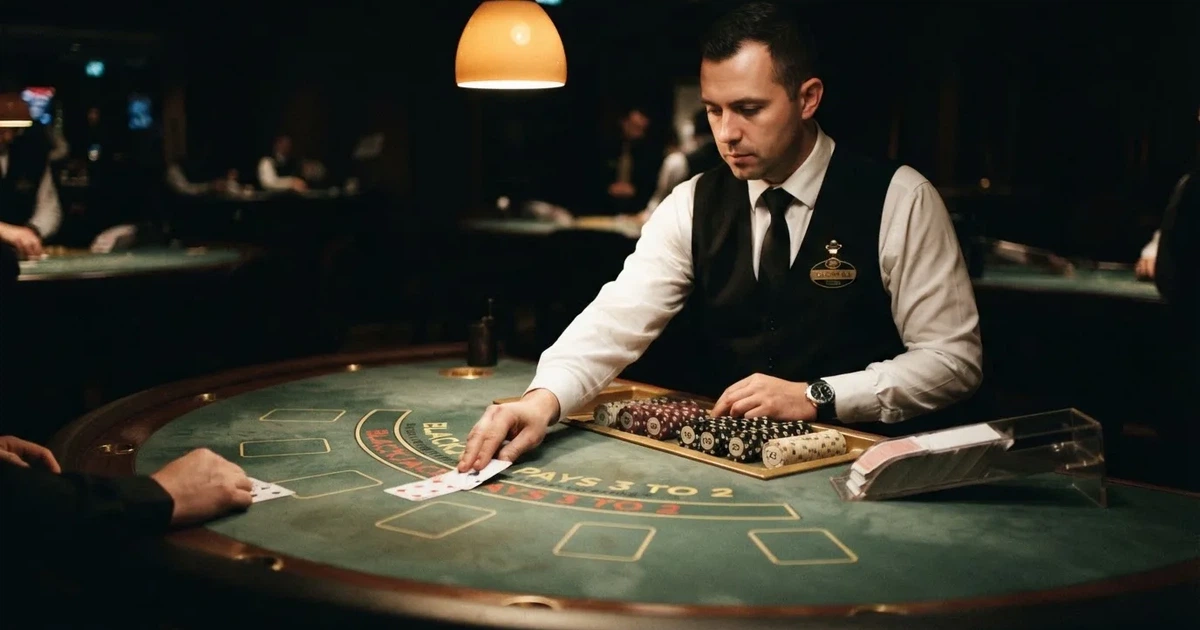 Croupier de colete preto a distribuir cartas numa mesa de blackjack semicircular, feltro verde, fichas empilhadas e iluminação baixa.