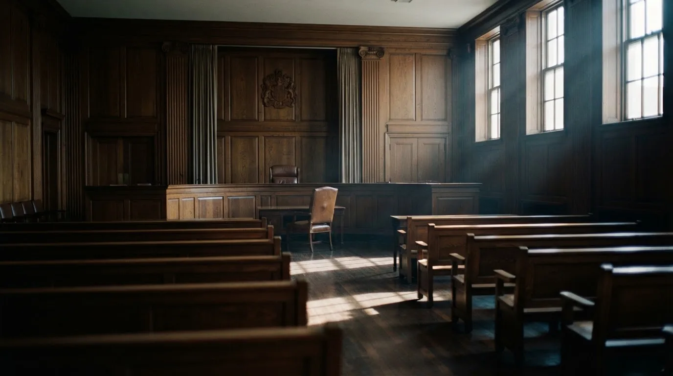 Sala de tribunal vazia com painéis de madeira, à luz da manhã — jogar no casino em portugal