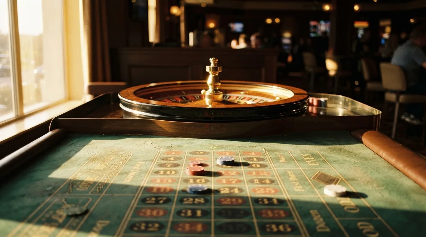 Roda de roleta e fichas sobre feltro verde, sob uma luz quente de fim de tarde — jogar no casino em portugal