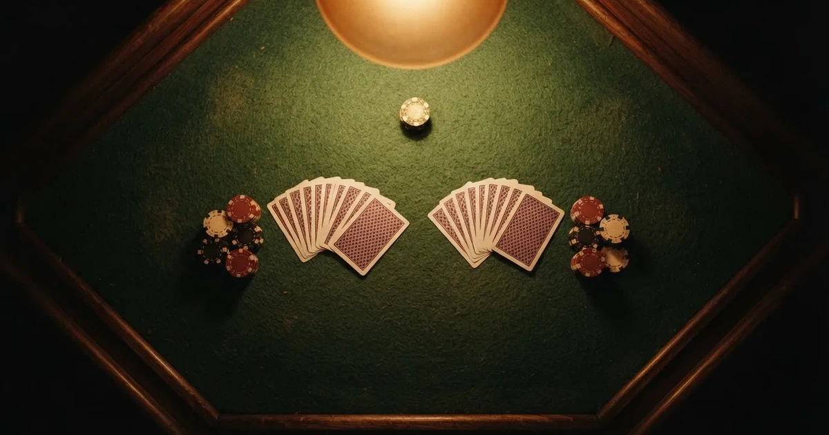 Mesa de jogo iluminada com cartas, vista de cima — jogar no casino em portugal