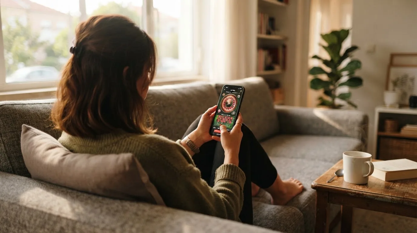 Mulher sentada num sofá a jogar roleta no telemóvel, com uma chávena de café na mesa e luz natural a entrar pela janela.