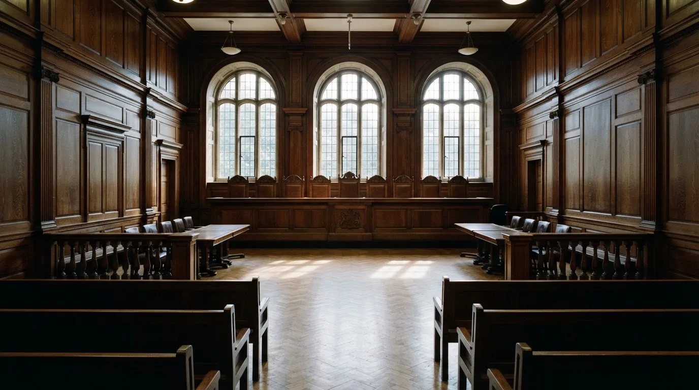 Sala de tribunal vazia com painéis de madeira, à luz da manhã — jogo de craps em portugal