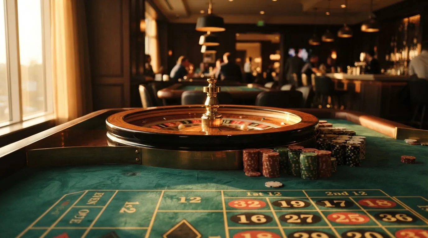 Roda de roleta e fichas sobre feltro verde, sob uma luz quente de fim de tarde — jogo de craps em portugal