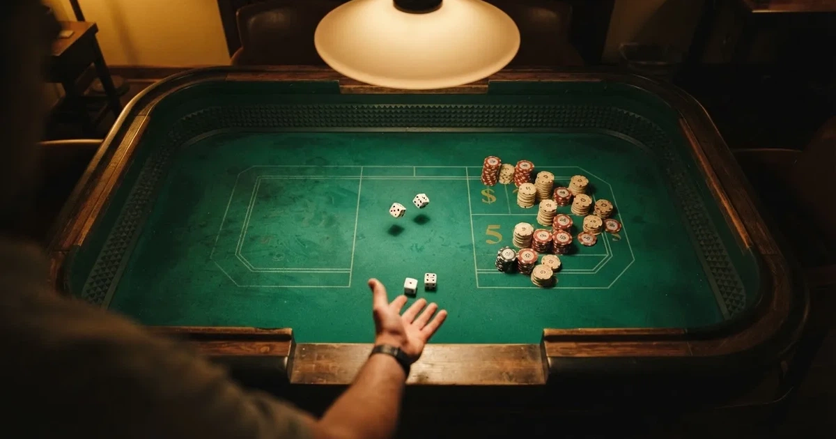 Mesa de jogo iluminada com cartas, vista de cima — jogo de craps em portugal