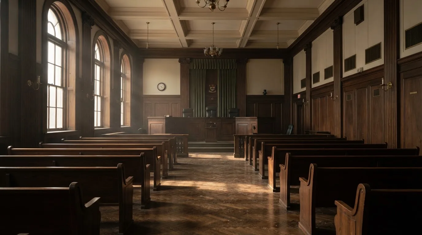 Sala de tribunal vazia com painéis de madeira, à luz da manhã — jogos de caça-níqueis em portugal