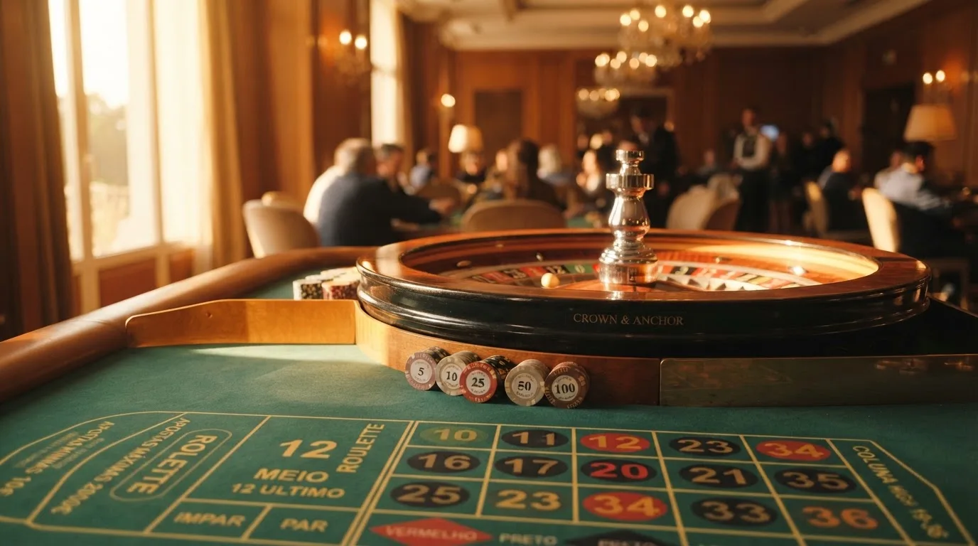 Roda de roleta e fichas sobre feltro verde, sob uma luz quente de fim de tarde — jogos de casino em portugal