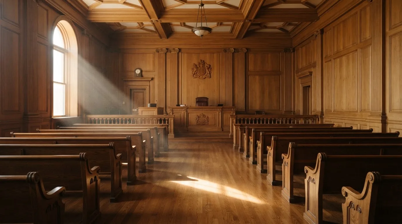 Sala de tribunal vazia com painéis de madeira, à luz da manhã — jogos de casino grátis pt