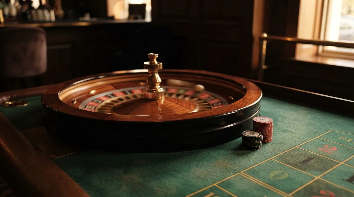 Roda de roleta e fichas sobre feltro verde, sob uma luz quente de fim de tarde — jogos de casino grátis pt