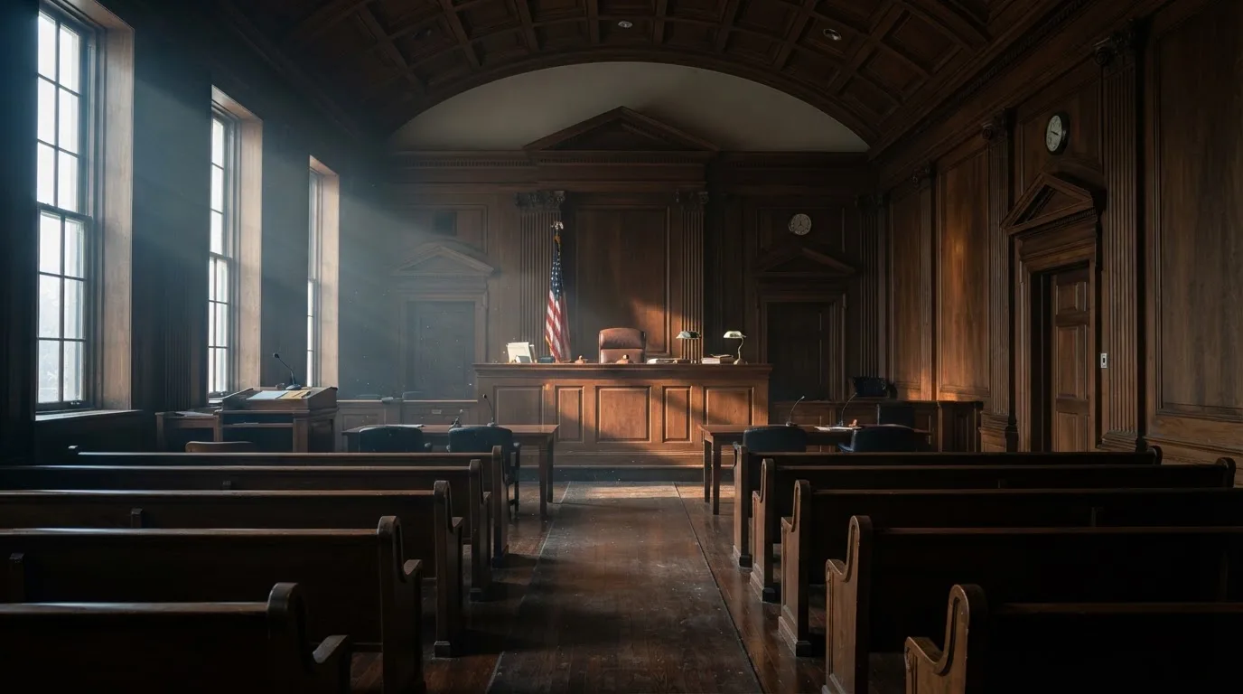 Sala de tribunal vazia com painéis de madeira, à luz da manhã — jogos de cassino em portugal