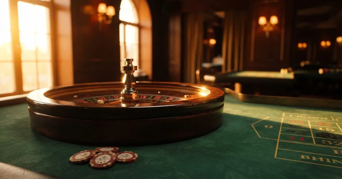 Roda de roleta e fichas sobre feltro verde, sob uma luz quente de fim de tarde — jogos de cassino em portugal