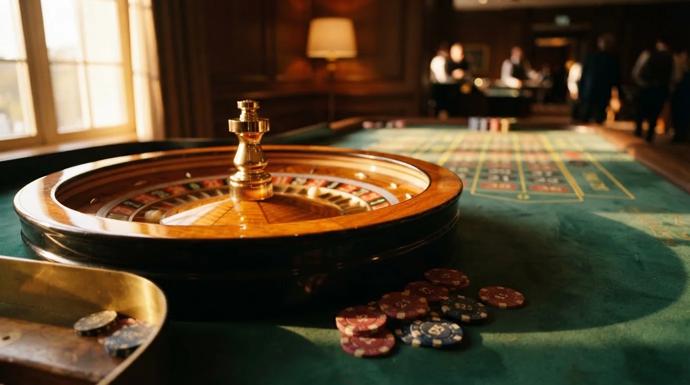 Roda de roleta e fichas sobre feltro verde, sob uma luz quente de fim de tarde — jogos de roleta em casino pt