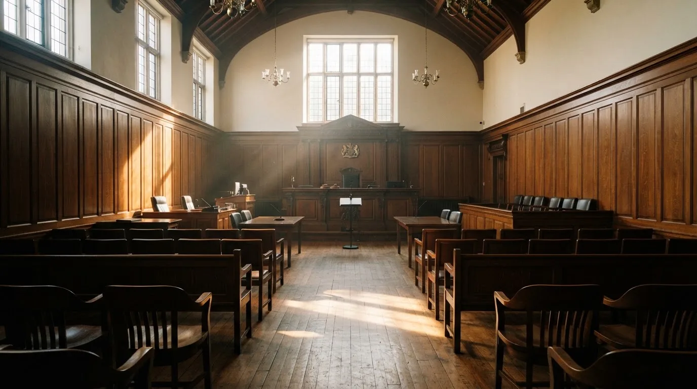 Sala de tribunal vazia com painéis de madeira, à luz da manhã — jogos de slots em portugal