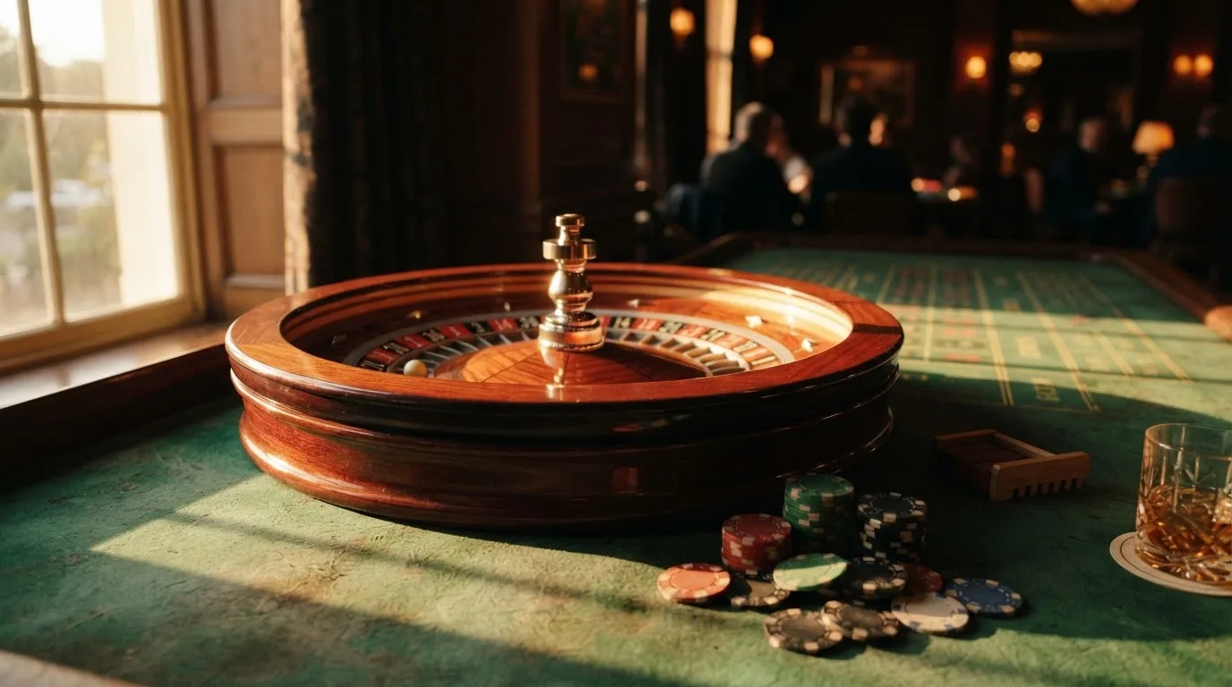Roda de roleta e fichas sobre feltro verde, sob uma luz quente de fim de tarde — jogos de slots em portugal
