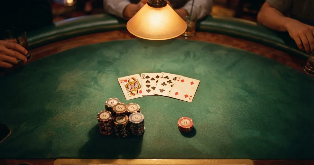 Mesa de jogo iluminada com cartas, vista de cima — jogos de slots em portugal