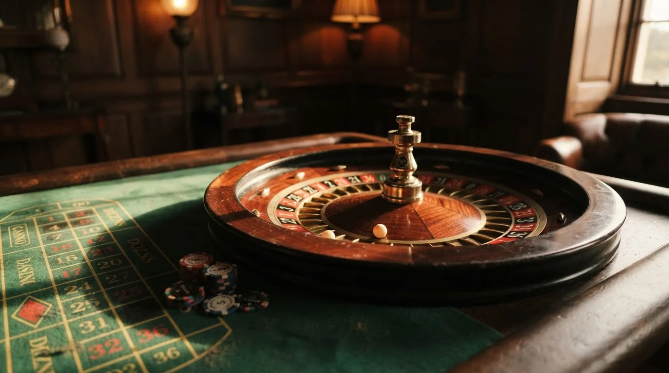 Roda de roleta e fichas sobre feltro verde, sob uma luz quente de fim de tarde — live casinos em portugal