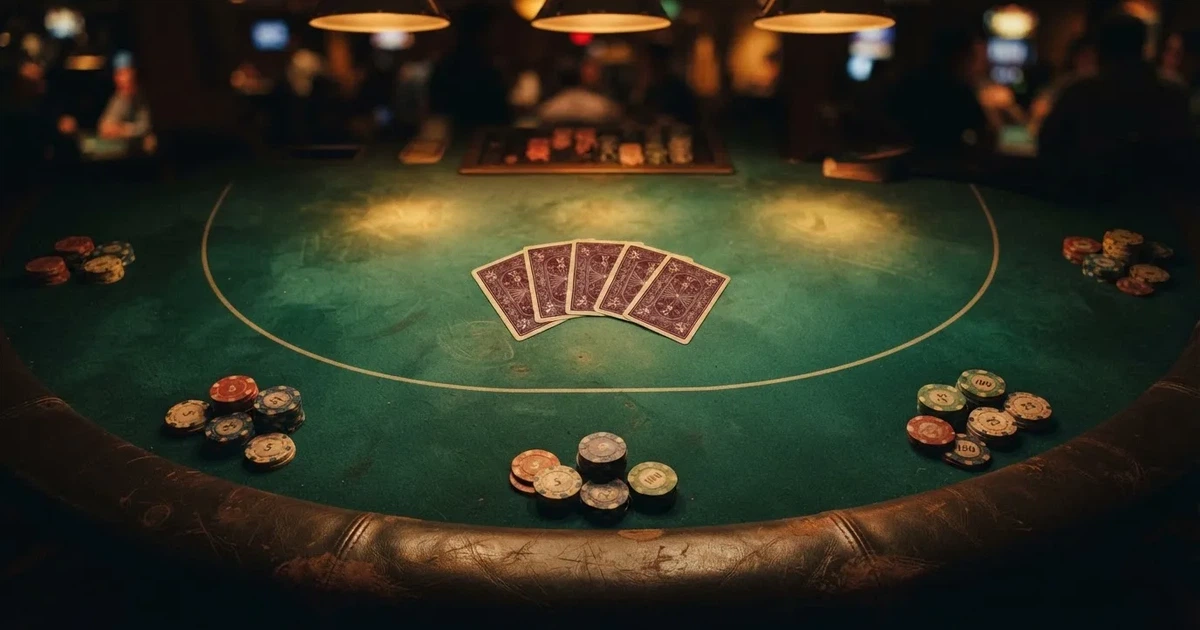 Mesa de jogo iluminada com cartas, vista de cima — live casinos em portugal