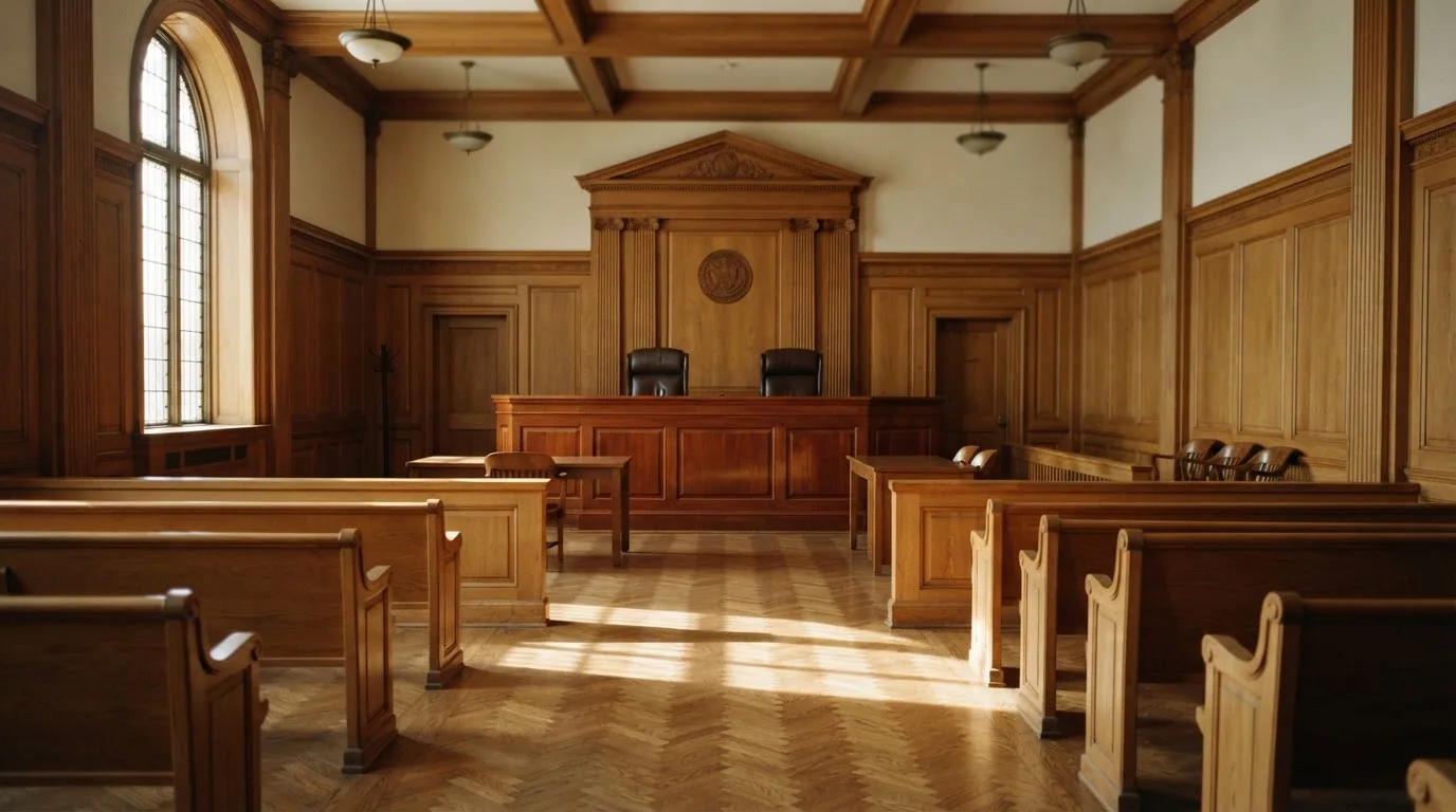 Sala de tribunal vazia com painéis de madeira, à luz da manhã — máquinas de casino em portugal