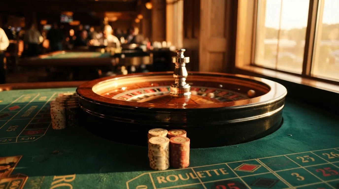 Roda de roleta e fichas sobre feltro verde, sob uma luz quente de fim de tarde — máquinas de casino em portugal