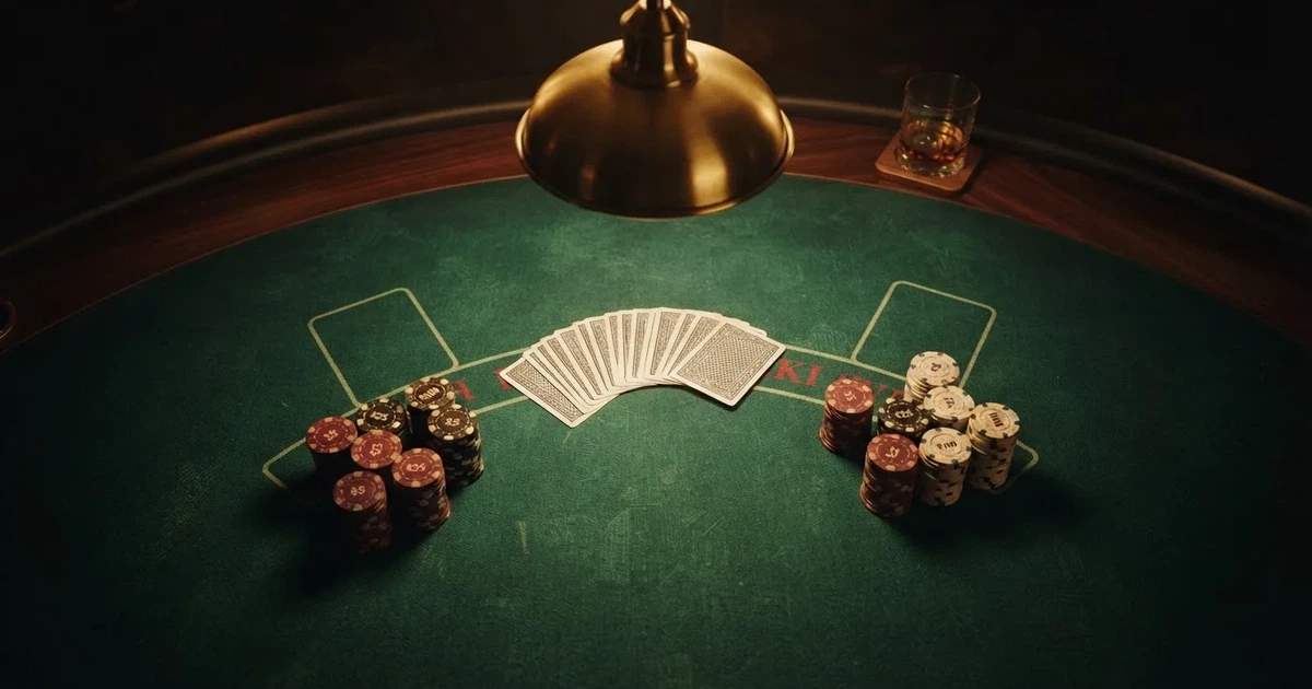 Mesa de jogo iluminada com cartas, vista de cima — máquinas de casino em portugal