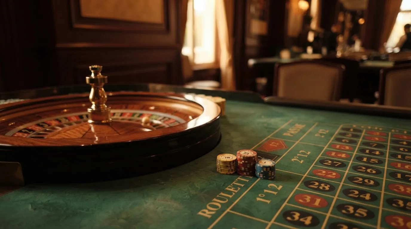 Roda de roleta e fichas sobre feltro verde, sob uma luz quente de fim de tarde — melhor blackjack em portugal