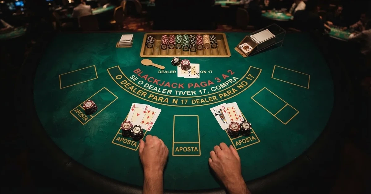 Mesa de jogo iluminada com cartas, vista de cima — melhor blackjack em portugal