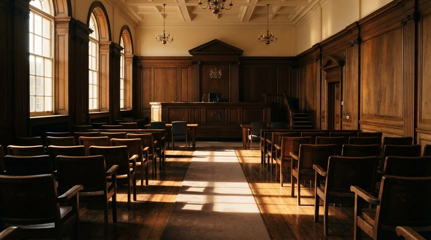 Sala de tribunal vazia com painéis de madeira, à luz da manhã — melhor roleta em portugal