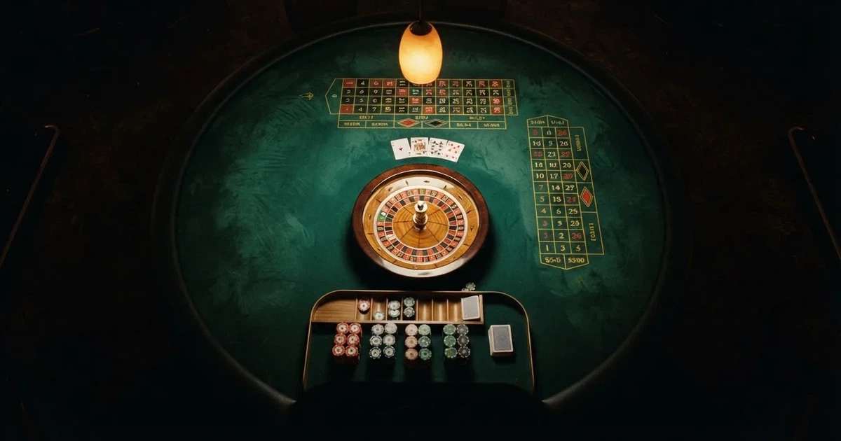 Mesa de jogo iluminada com cartas, vista de cima — melhor roleta em portugal