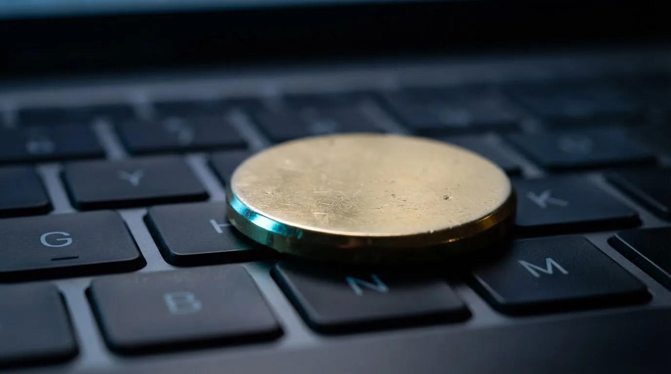 Moeda dourada genérica sem inscrições pousada sobre um teclado de portátil escuro, em plano aproximado, com luz azulada.