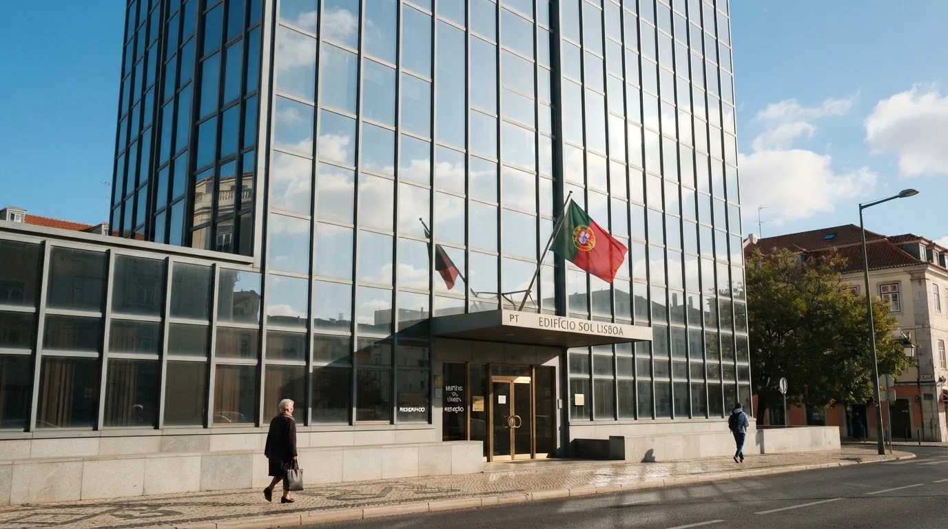 Edifício de escritórios de um organismo público em Lisboa, visto da rua, com vidros espelhados a refletir o céu e uma bandeira.