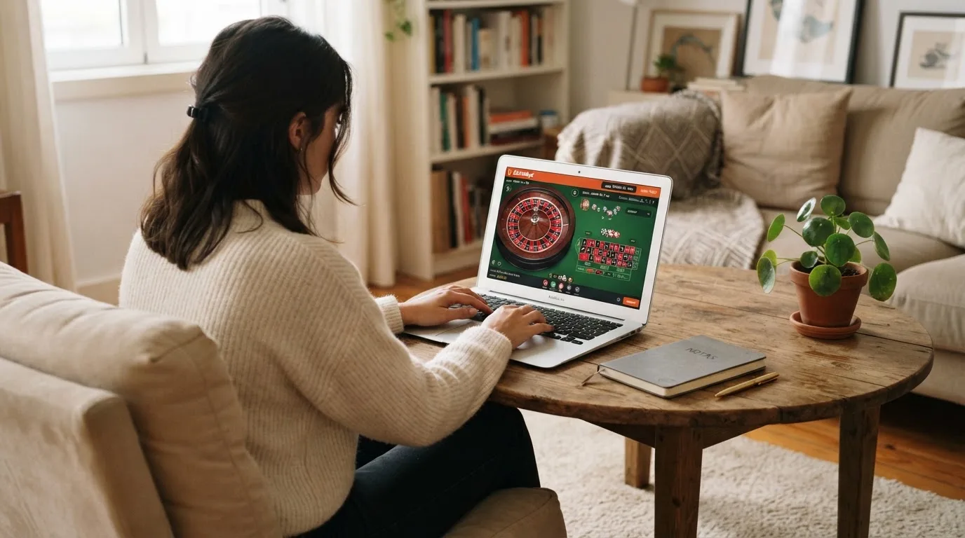 Pessoa a explorar um casino online no portátil numa mesa de sala, com bloco de notas fechado e uma planta ao lado.