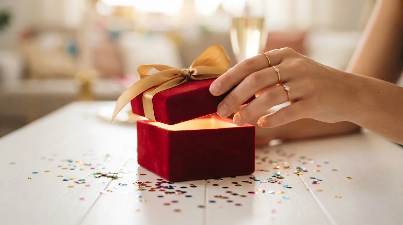 Mãos a abrir uma pequena caixa de oferta vermelha com fita dourada sobre uma mesa branca, com confetes dispersos em redor.
