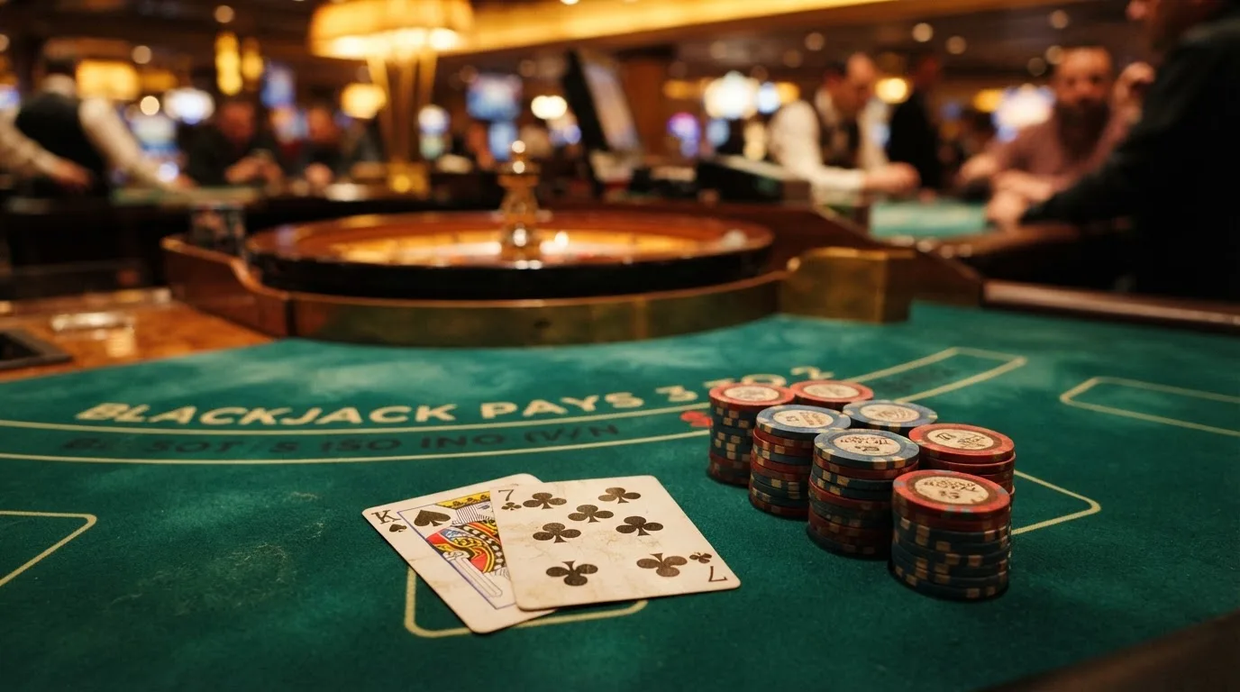 Mesa de casino com cartas de blackjack em leque, fichas empilhadas e uma roleta desfocada ao fundo, sob luz dourada.