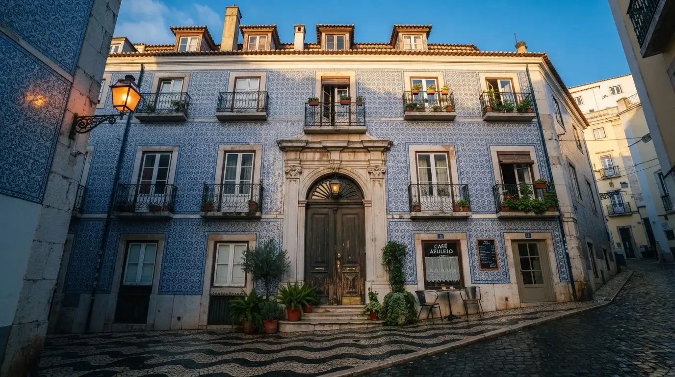 Fachada de um edifício oficial lisboeta com azulejos e portas altas, rua em calçada portuguesa e um candeeiro antigo.