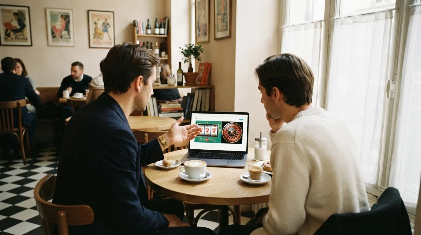 Duas pessoas a comparar opções à mesa de um café, com portátil aberto e dois cafés, luz natural de janela.