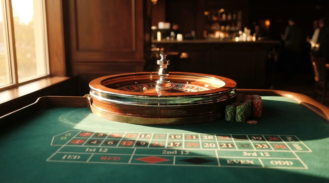 Roda de roleta e fichas sobre feltro verde, sob uma luz quente de fim de tarde — mesas de casino em portugal