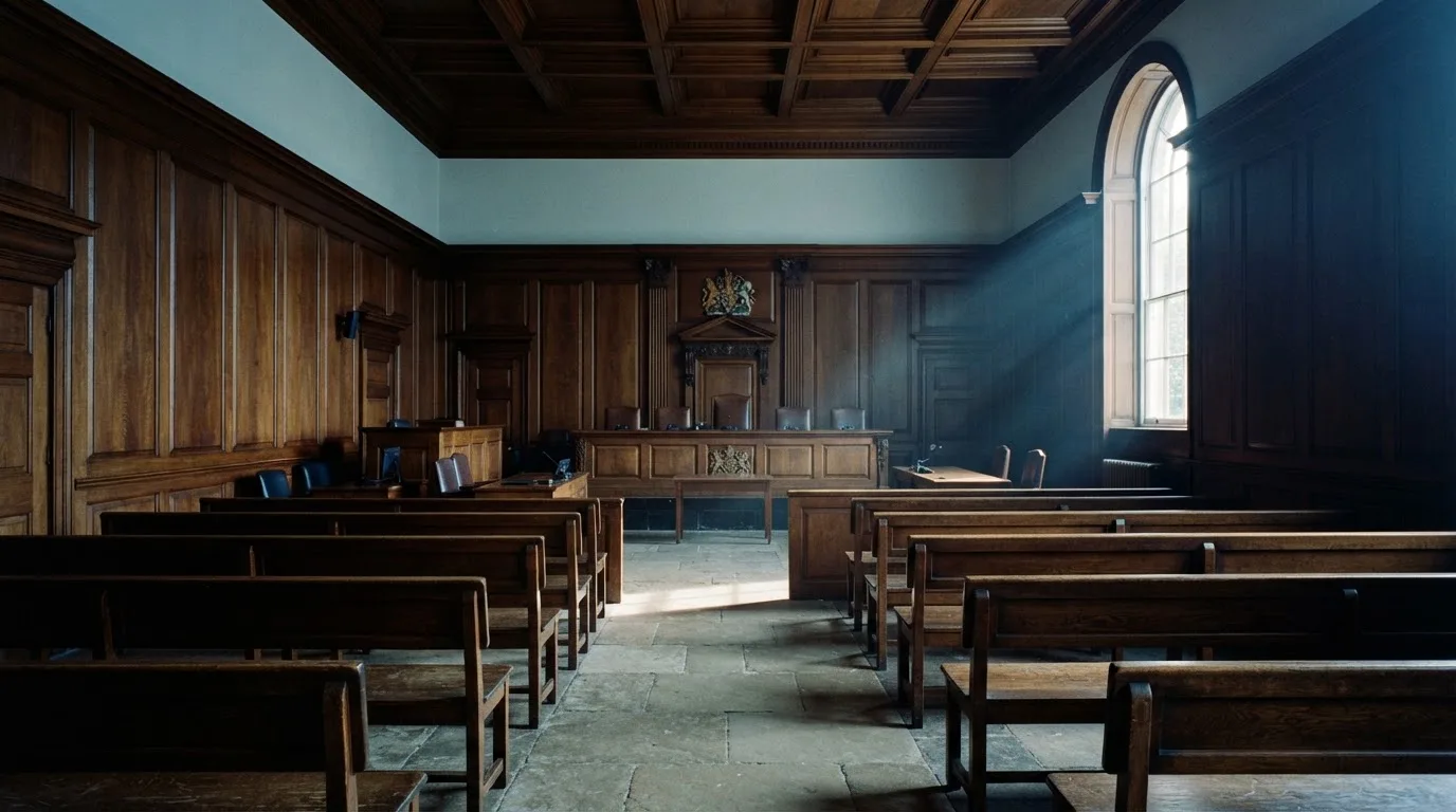 Sala de tribunal vazia com painéis de madeira, à luz da manhã — novo casino em portugal