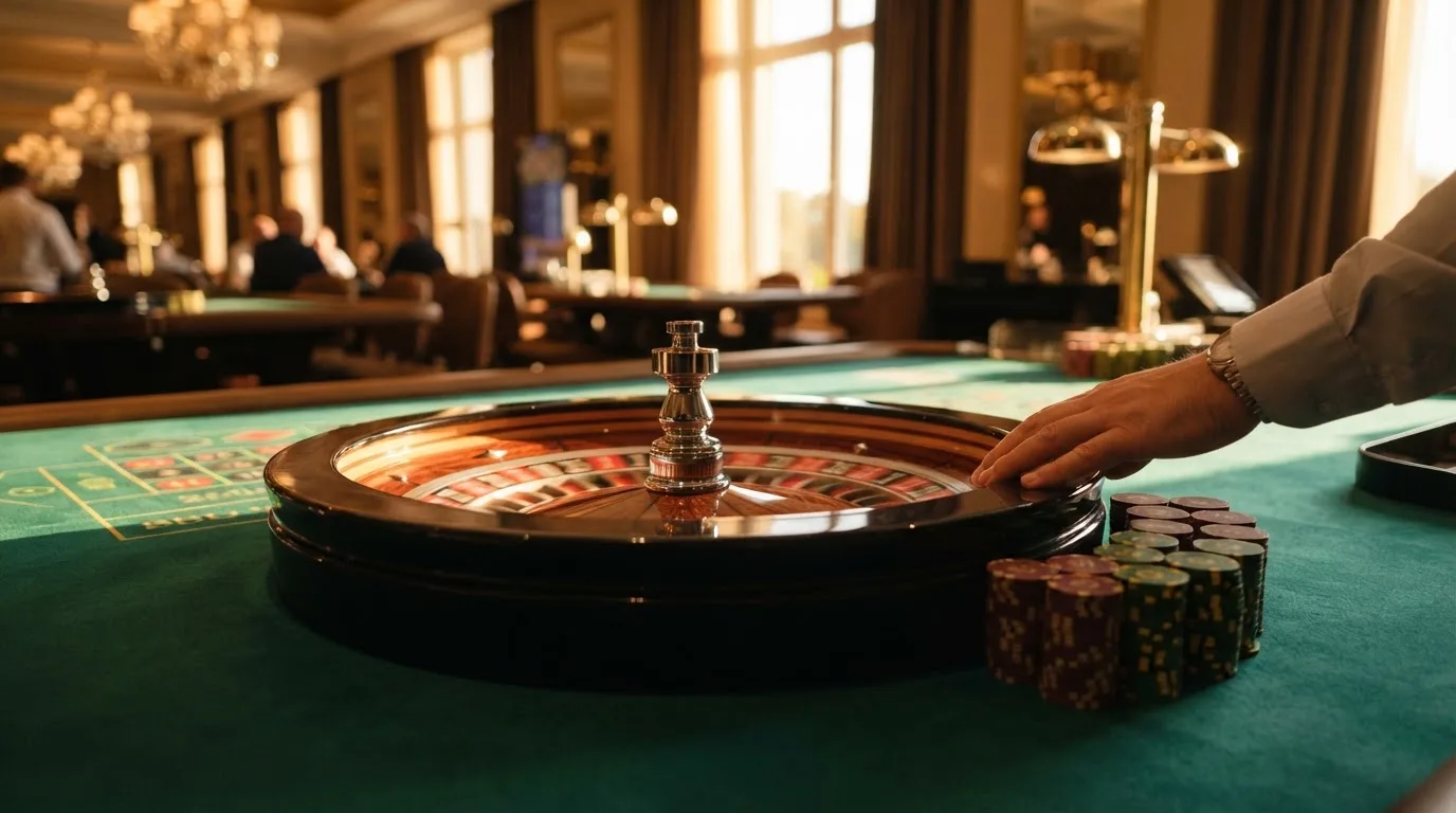 Roda de roleta e fichas sobre feltro verde, sob uma luz quente de fim de tarde — novo casino em portugal