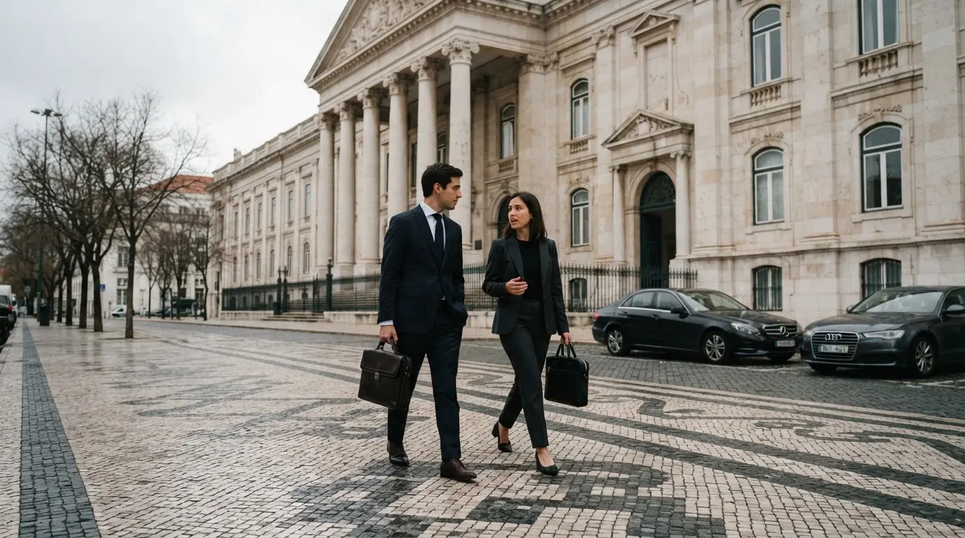 Pessoas de fato a caminhar à frente de um edifício de serviços públicos em Lisboa, com pasta na mão e céu nublado.