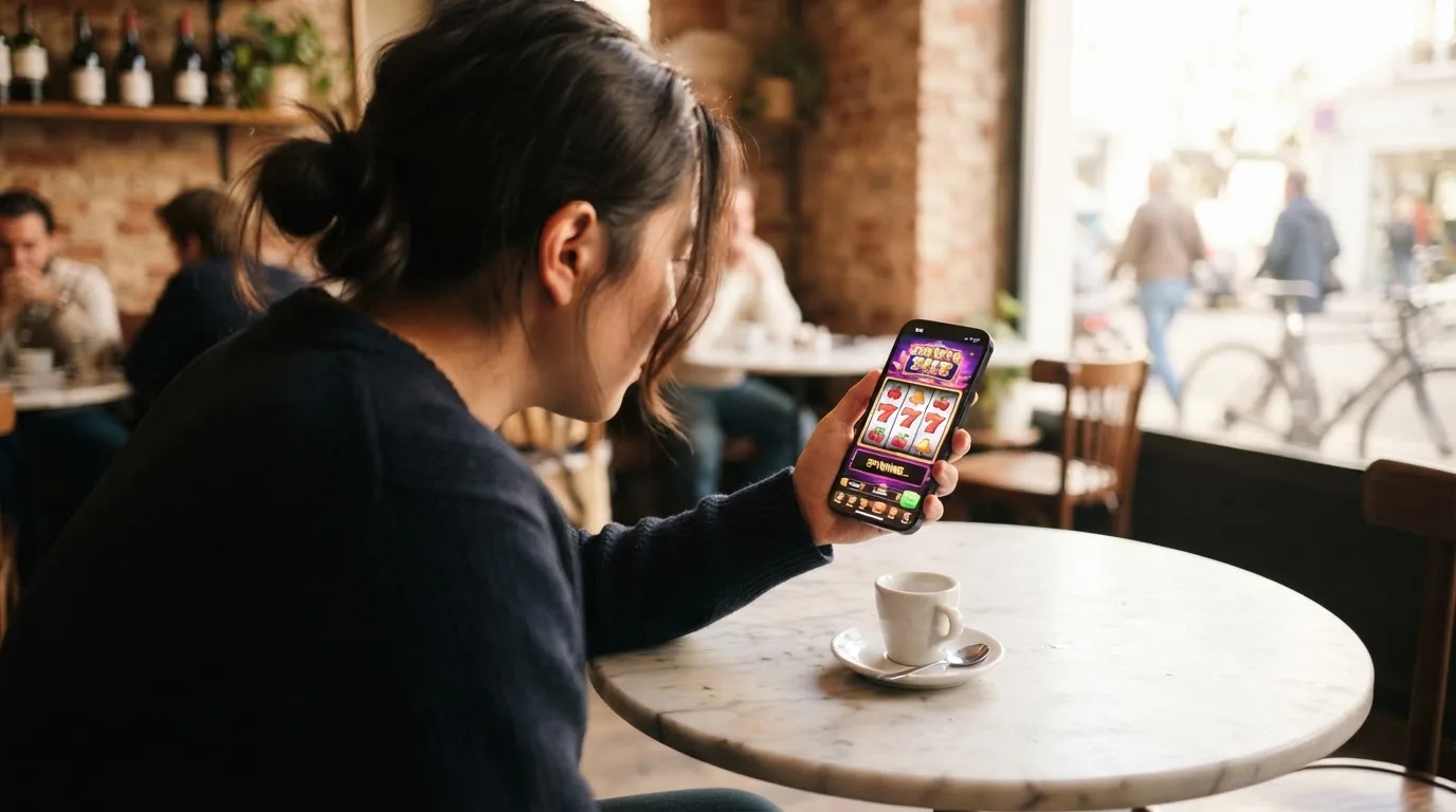 Pessoa a explorar jogos no telemóvel num café, com uma bica na mesa e luz de manhã a entrar pela montra.
