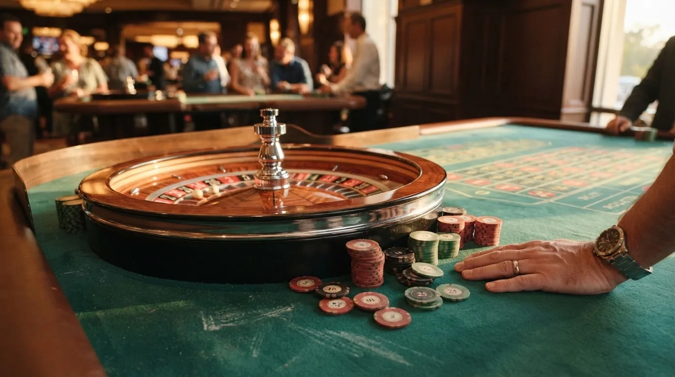 Roda de roleta e fichas sobre feltro verde, sob uma luz quente de fim de tarde — ofertas de casino em portugal
