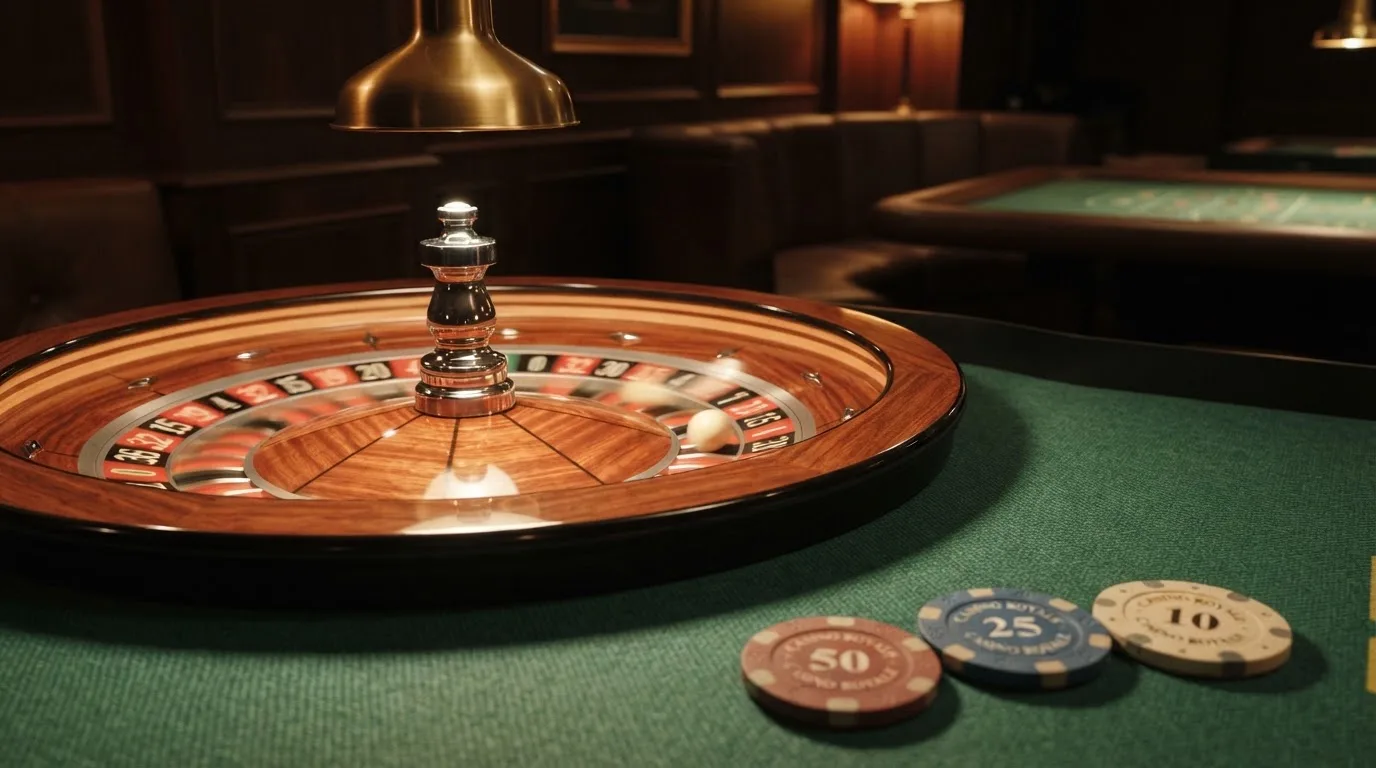 Roda de roleta e fichas sobre feltro verde, sob uma luz quente de fim de tarde — online casino bónus para os portugueses