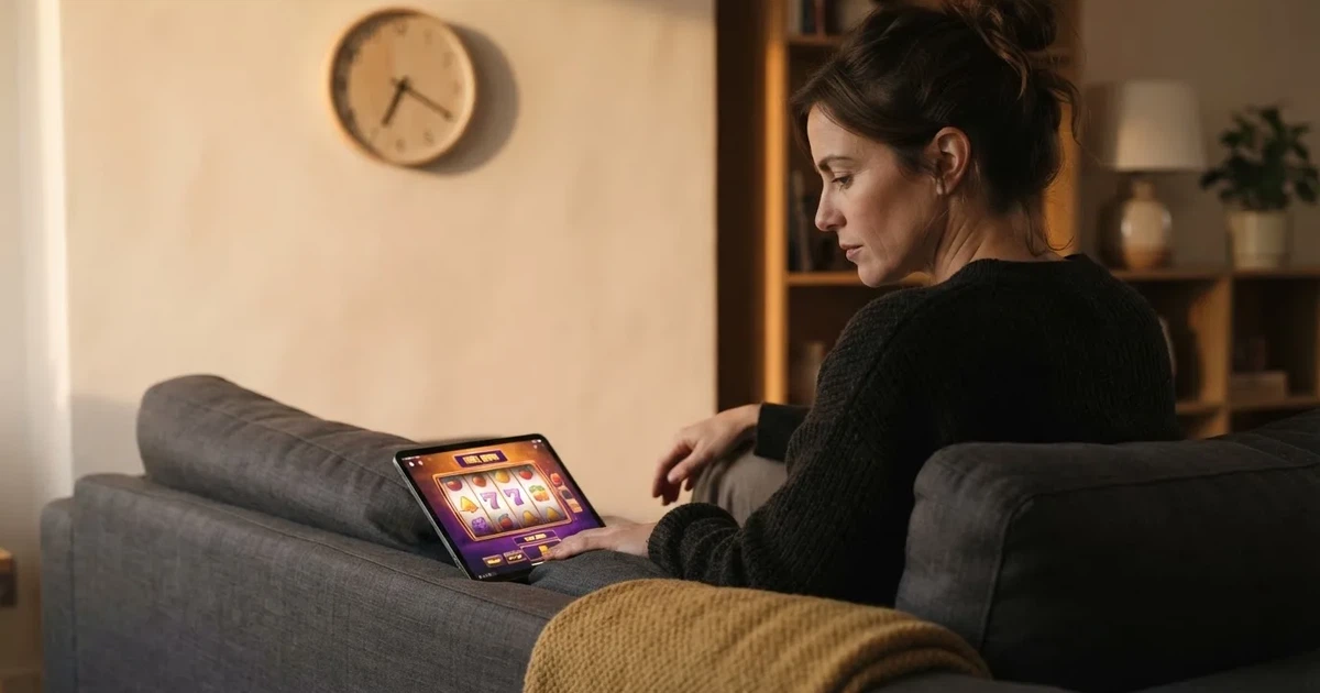 Pessoa num sofá a olhar pensativa para um tablet, com um relógio na parede atrás — online casino bónus para os portugueses