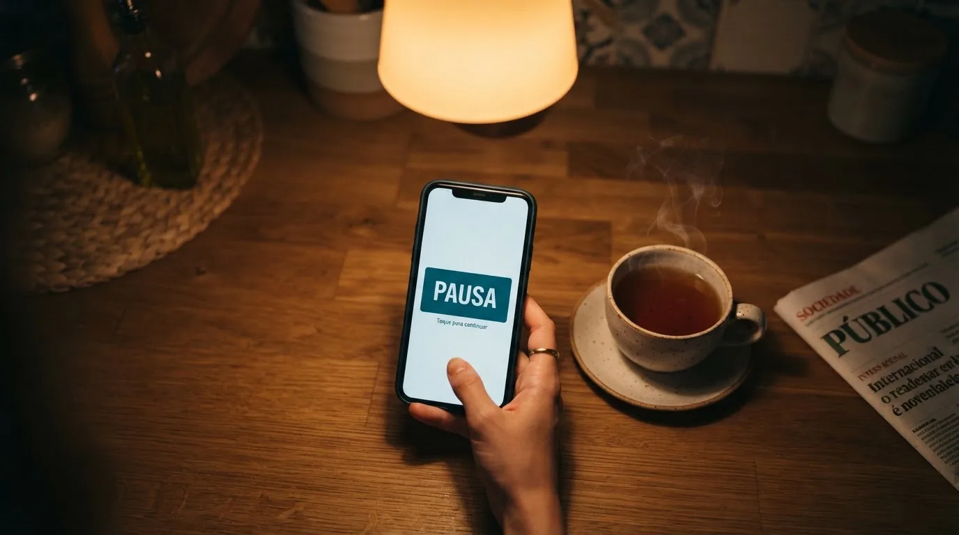 Mão a segurar um telemóvel ao lado de uma chávena de chá numa mesa de cozinha, numa noite tranquila — online casinos em portugal