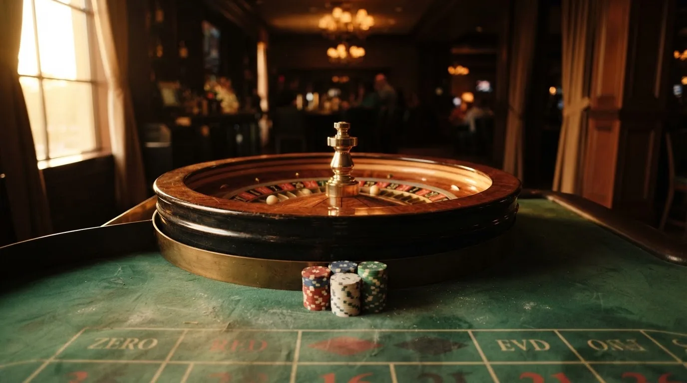 Roda de roleta e fichas sobre feltro verde, sob uma luz quente de fim de tarde — páginas de casino em portugal