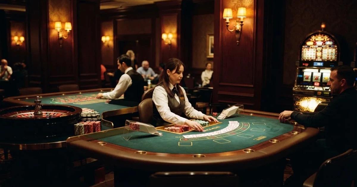 Três mesas de jogo diferentes lado a lado numa sala calma e calorosamente iluminada — páginas de casino em portugal